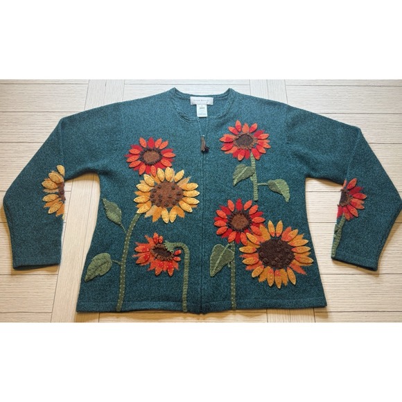 Susan Bristol Sweaters - Susan Bristol Beautiful Vintage Wool Sunflower Floral Embellished Zip Sweater  M